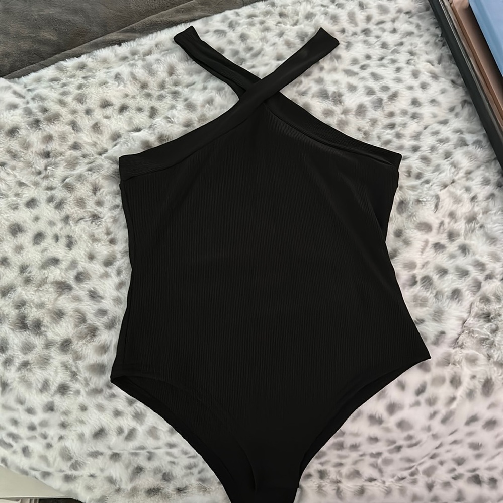 black cross neck bodysuit